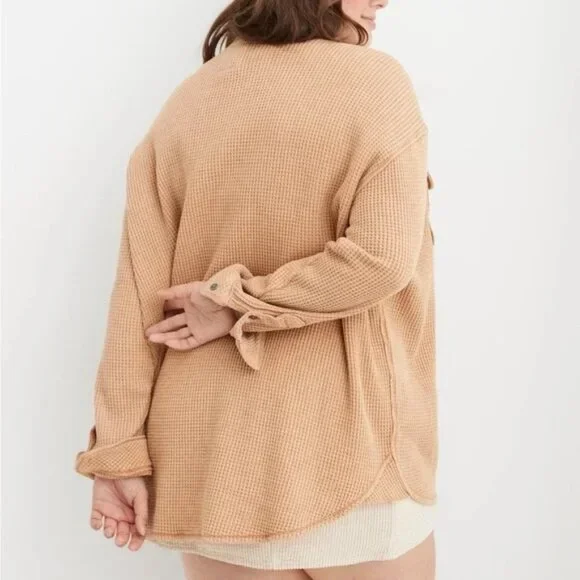 Aerie LumberJane Waffle Shirt Cappuccino Tan Button Up Oversized Relaxed XL - Picture 9 of 16